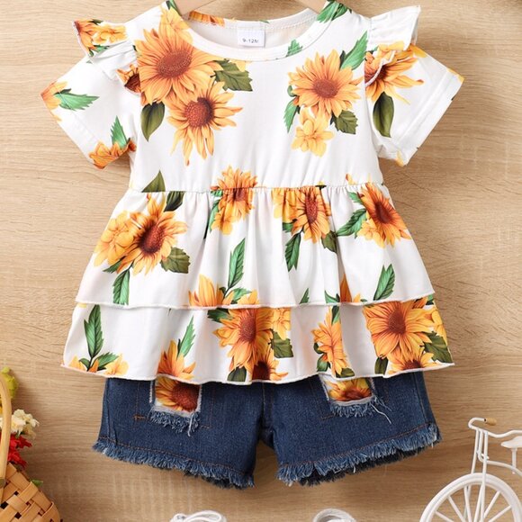 2T 3T Baby Girl Sunflower Outfit Set | Ruffle Sleeve Top + Denim (9-12M, 2T, 3T) - Picture 9 of 10
